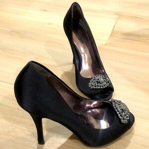 Black Satin Audrey Brooke heels with silver brooch